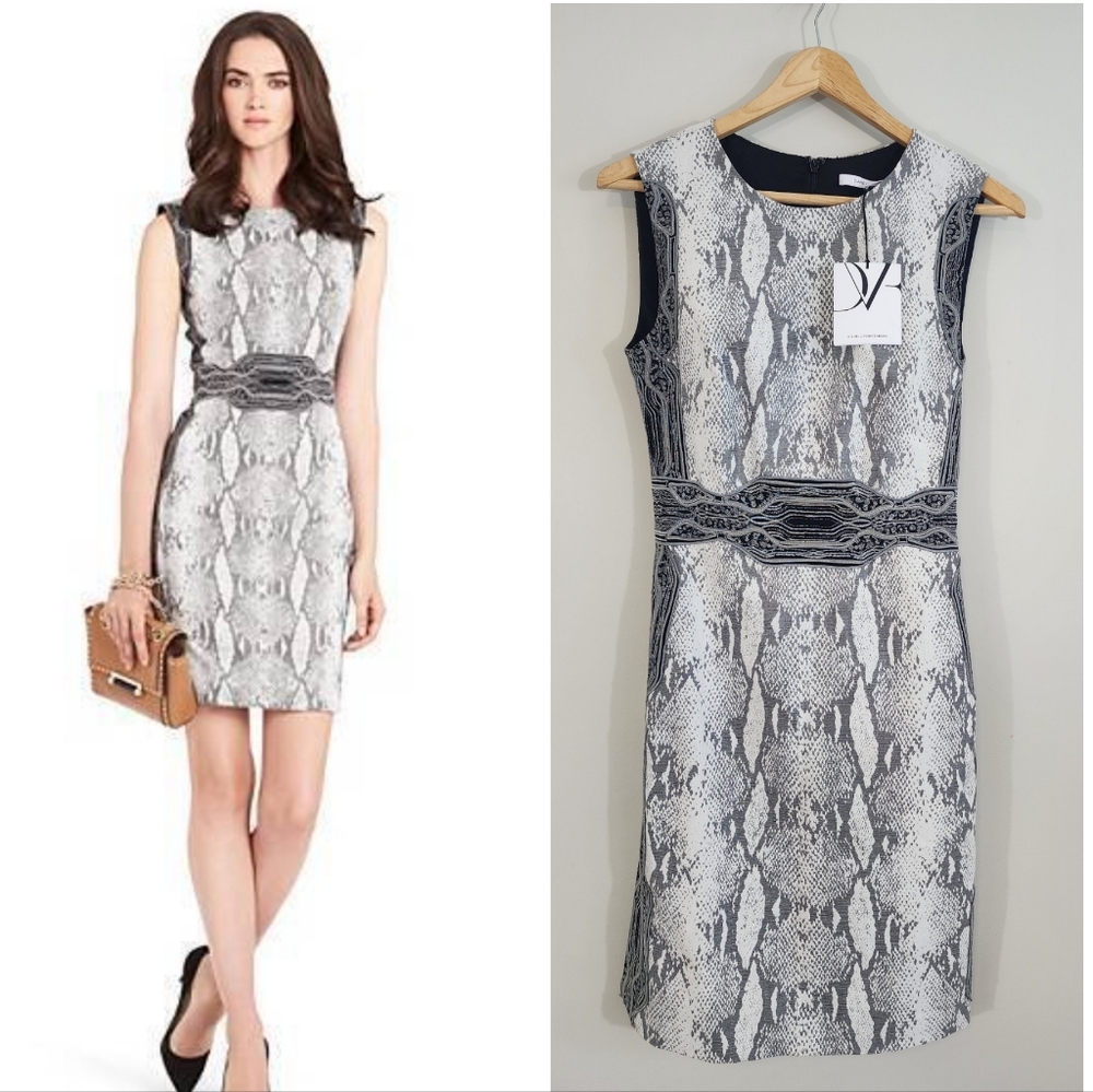 DVF BEY Embroidered Snakeprint Dress‎ Womens 2 Neutral grey ASO Grey's Anatomy